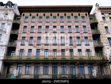 Vienna, Austria, Dec. 2019: Detail from the facade of Otto Wagner's 1898 Majolica House Majolikahaus, Linke Wienzeile, Viennese Secession art nouveau Stock Photo