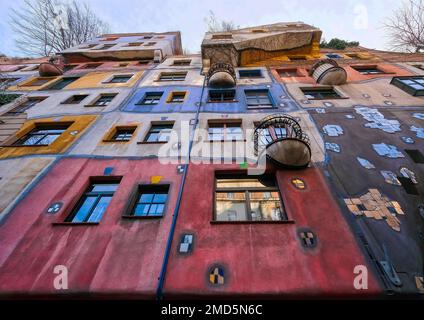 Vienna, Austria, Dec. 2019: A view from Hundertwasser apartment building and its colorful facade Stock Photo