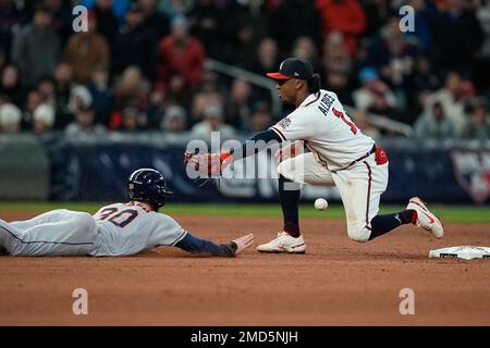 Houston Astros' Kyle Tucker is safe at second on a fielding error by  Atlanta Braves second baseman Ozzie Albies during the sixth inning in Game  2 of baseball's World Series between the