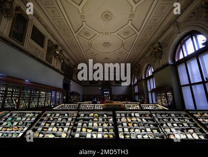 Vienna, Austria, Dec. 2022: Mineral and stone samples exhibition and cabinets in the Museum of Natural History (Naturhistorisches Museum) Stock Photo