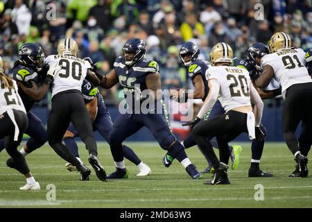 Seattle Seahawks guard Gabe Jackson (66) leaves the field at halftime of an  NFL football game against the Tampa Bay Buccaneers on Nov. 13, 2022, in  Munich. The Buccaneers defeated the Seahawks