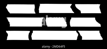 White paper torn piece isolated on black background. White paper ripped pieces isolated on black background. collection of paper stickers, clipping pa Stock Photo