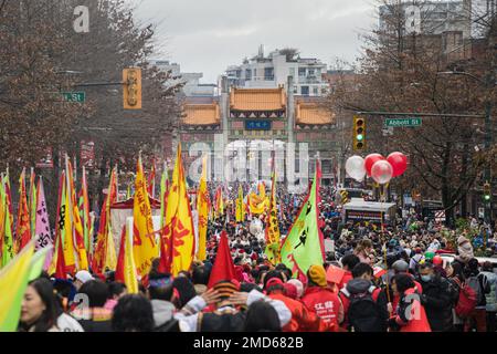 Vancouver, British Columbia, Canada. 22nd Jan, 2023. Vancouver welcomed back the Chinatown Spring Festival Parade after a two-year hiatus. The parade will help to usher in the beginning of Lunar New Year. (Credit Image: © Ryan Walter Wagner/ZUMA Press Wire) EDITORIAL USAGE ONLY! Not for Commercial USAGE! Credit: ZUMA Press, Inc./Alamy Live News Stock Photo