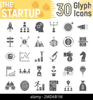 Startup glyph icon set, development symbols collection, vector sketches, logo illustrations, business finance signs solid pictograms package isolated on white background, eps 10. Stock Vector