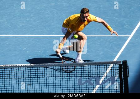 Melbourne, Victoria, Australia. 22nd Jan, 2023. Jiri Lehecka of Czech Republic plays Felix Auger-Aliassime of Canada on day 7 action of the 2023 Australian Open at Melbourne Park on January 22, 2023 in Melbourne, Australia. (Credit Image: © Chris Putnam/ZUMA Press Wire) EDITORIAL USAGE ONLY! Not for Commercial USAGE! Credit: ZUMA Press, Inc./Alamy Live News Stock Photo