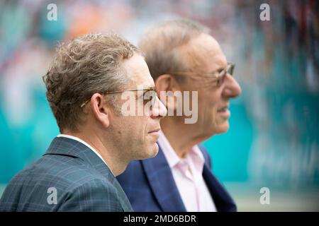 Miami Dolphins vice chairman and partner Bruce Beal and Miami Dolphins  owner Stephen Ross (rear) watch the players practice on the field before an  NFL football game against the Atlanta Falcons, Sunday Oct 24, 2021, in  Miami Gardens, Fla. (AP Photo