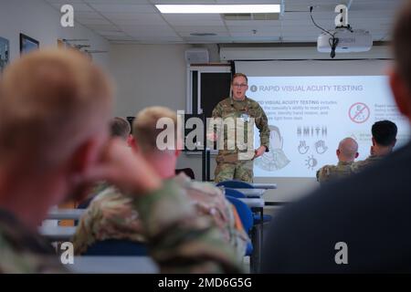 Officer Candidate School Physician Assistant students, with Blanchfield Army Community Hospital, taught a class in Ophthalmology and caring for eye trauma, infection, or injury, July 13, 2022, at Fort Campbell, Kentucky. The students received classroom instruction and then were able to practice techniques using a variety of equipment and methods of treatment. AMMED,BACH,DHA,Health,MHF,Medical, Stock Photo