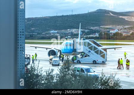 KLM airplane waiting for passengers in Split airport. Aircraft maintenance at the airport. Airport services. International airport in Kaštel Štafilić. Stock Photo