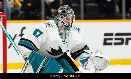 San Jose Sharks Goaltender James Reimer (47) Blocks A Shot Against ...