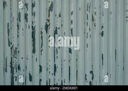 Old peeling white paint in messy pattern on corrugated metal wall surface Stock Photo