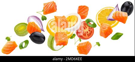 Falling salmon salad ingredients isolated on white background Stock Photo