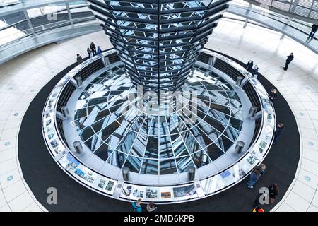 Inside the Bundestag dome. Tourists visit the parliament building of German government. Reichstag new dome interior. Stock Photo