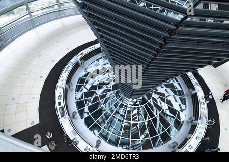 Inside the Bundestag dome. Tourists visit the parliament building of German government. Reichstag new dome interior. Stock Photo