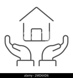 Home in hands thin line icon, real estate and home, home protection sign vector graphics, a linear pattern on a white background, eps 10. Stock Vector