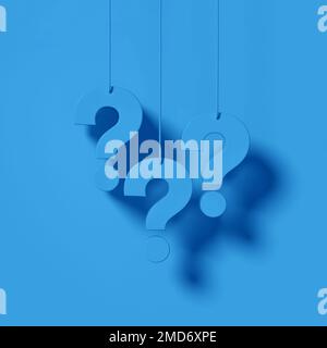 Three blue question marks in front of a blue wall background. FAQ Concept. 3D rendering. Stock Photo