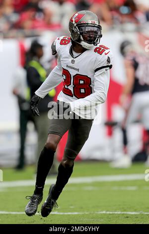 Tampa Bay Buccaneers cornerback Rashard Robinson (28) and Ross Cockrell  (43) walks off the field after an NFL football game against the New York  Jets, Sunday, Jan. 2, 2022, in East Rutherford