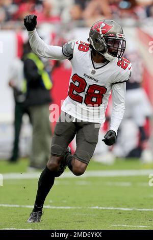 Tampa Bay Buccaneers cornerback Rashard Robinson (28) walks off the field  after an NFL football game against the New York Jets, Sunday, Jan. 2, 2022,  in East Rutherford, N.J. (AP Photo/Adam Hunger