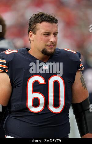 Chicago Bears guard Dieter Eiselen (60) Chicago Bears wide receiver Ihmir  Smith-Marsette (17) before their game against the Green Bay Packers Sunday,  Sept. 18, 2022, in Green Bay, Wis. (AP Photo/Jeffrey Phelps