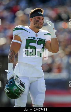 New York Jets linebacker Blake Cashman (53) defends during the first half  of an NFL football game against the New England Patriots, Sunday, Oct. 24,  2021, in Foxborough, Mass. (AP Photo/Stew Milne