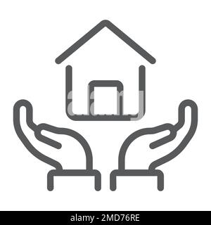 Home in hands line icon, real estate and home, home protection sign vector graphics, a linear pattern on a white background, eps 10. Stock Vector