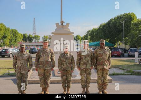 Pictured left to right are Command Sgt. Maj. Maurice D. Parker, Col. William H. Bestermann, Lt. Gen Laura A. Potter,  Maj. Gen. Todd R. Wasmund and Col. Mark A. Denton. Stock Photo