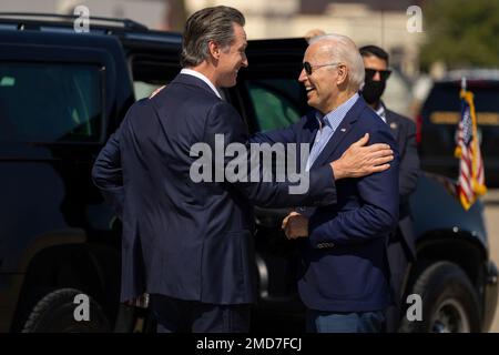 Reportage: President Joe Biden greets California Gov. Gavin Newsom (D) as he arrives at Mather Airport on Air Force One Monday, September 13, 2021, in Mather, California, for a briefing on wildfires at the California Governor's Office of Emergency Services. Stock Photo