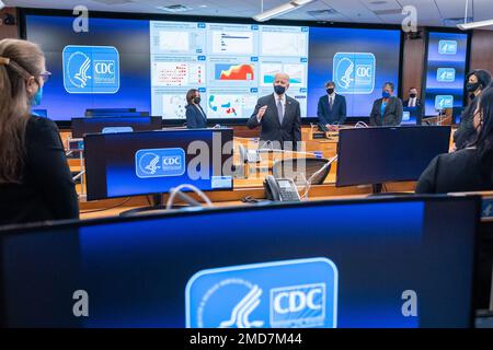 Reportage: President Joe Biden, joined by Vice President Kamala Harris and Director of the Centers for Disease Control (CDC) Dr. Rochelle Walensky, talks with CDC staff during a briefing Friday, March 19, 2021, at the CDC headquarters in Atlanta. Stock Photo