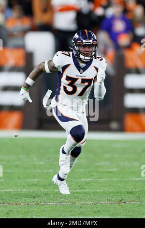 Denver Broncos safety P.J. Locke (37) runs up the field during an NFL  football game against the Cleveland Browns, Thursday, Oct. 21, 2021, in  Cleveland. (AP Photo/Kirk Irwin Stock Photo - Alamy