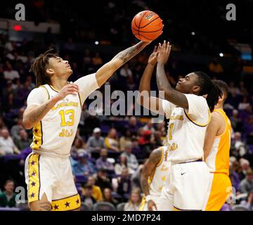 Baton Rouge, USA. 21st Jan, 2023. Both LSU forward Jalen Reed (13) and guard Cam Hayes (1) reach for the ball during a men's college basketball game at the Pete Maravich Assembly Center in Baton Rouge, Louisiana on Saturday, January 21, 2022. (Photo by Peter G. Forest/Sipa USA) Credit: Sipa USA/Alamy Live News Stock Photo