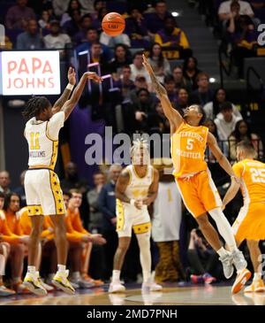 Tennessee guard Zakai Zeigler (5) shoots against LSU guard Jordan Sears ...