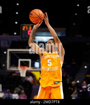 Tennessee guard Zakai Zeigler (5) shoots against LSU guard Jordan Sears ...