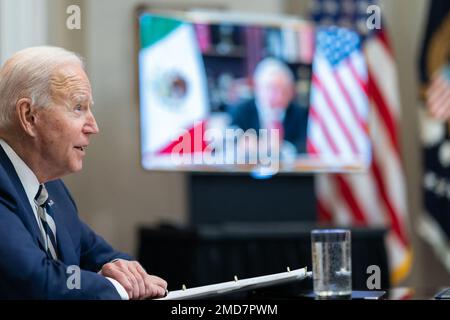 Reportage: President Joe Biden participates in a virtual bilateral meeting with Mexican President Andrés Manuel López Obrador Monday, March 1, 2021, in the Roosevelt Room of the White House Stock Photo