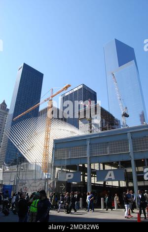 Construction of the Westfield World Trade Center shopping mall aka Oculus next to the One World Trade Center in Lower Manhattan at 185 Greenwich St. Stock Photo