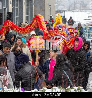 Detroit, Michigan, USA. 22nd Jan, 2023. The Michigan Taiwanese American Organization celebrates Lunar New Year with a parade, lion dance, and dragon dance at Valade Park. Credit: Jim West/Alamy Live News Stock Photo