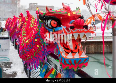 Detroit, Michigan, USA. 22nd Jan, 2023. The Michigan Taiwanese American Organization celebrates Lunar New Year with a parade, lion dance, and dragon dance at Valade Park. Credit: Jim West/Alamy Live News Stock Photo