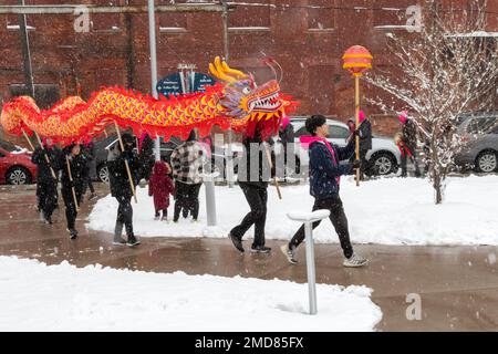 Detroit, Michigan, USA. 22nd Jan, 2023. The Michigan Taiwanese American Organization celebrates Lunar New Year with a parade, lion dance, and dragon dance at Valade Park. Credit: Jim West/Alamy Live News Stock Photo