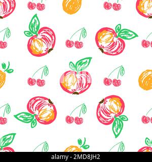 Fruit seamless pattern. Children's drawings with wax crayons. Apples, cherries. Print for cloth design, textile, fabric, wallpaper Stock Vector