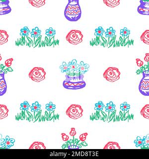 Floral seamless pattern. Flowers in a vase. Children's drawings with wax crayons. Print for cloth design, textile, fabric, wallpaper, wrapping Stock Vector