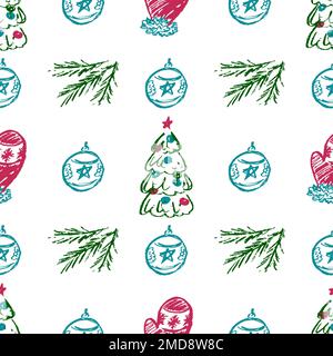 Christmas seamless pattern. New Year mood. Children's drawings with wax crayons. Print for cloth design, textile Stock Vector