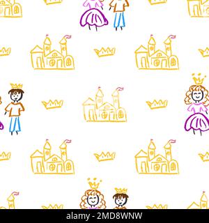 Fairytale seamless pattern. Castle, princess. Children's drawings with wax crayons. Print for cloth Stock Vector