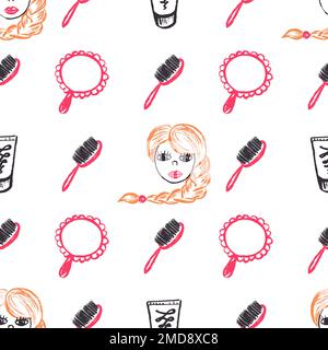 Cosmetics seamless pattern. Mirror, comb. Children's drawings with wax crayons. Print for cloth design, textile, fabric, wallpaper, wrapping Stock Vector