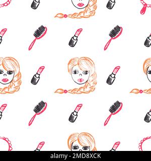 Cosmetics seamless pattern. Girl, lipstick. Children's drawings with wax crayons. Print for cloth design, textile, fabric, wallpaper, wrapping paper Stock Vector