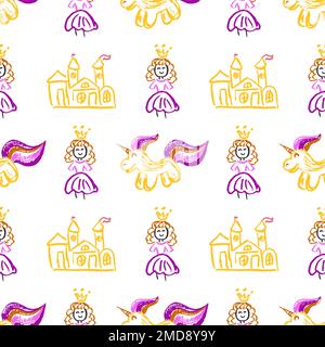 Fairytale seamless pattern. Princess, unicorn. Children's drawings with wax crayons. Print for cloth design, textile, fabric, wallpaper Stock Vector