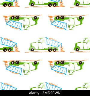 Cars seamless pattern. Dump truck. Children's drawings with wax crayons. Print for cloth design, textile, fabric, wallpaper Stock Vector