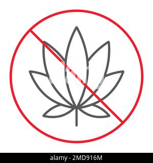 No marijuana thin line icon, prohibition and forbidden, no cannabis sign vector graphics, a linear pattern on a white background, eps 10. Stock Vector