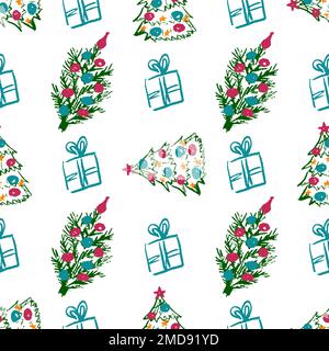 Christmas seamless pattern. Children's drawings with wax crayons. Christmas tree, gifts. Print Stock Vector