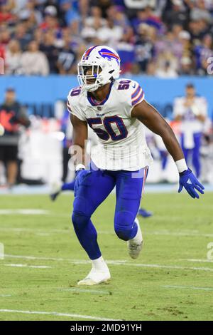 FILE - Buffalo Bills defensive end Greg Rousseau (50) runs a drill during  an NFL football rookie minicamp in Orchard Park, N.Y., in this Friday, May  14, 2021, file photo. Bills Safety