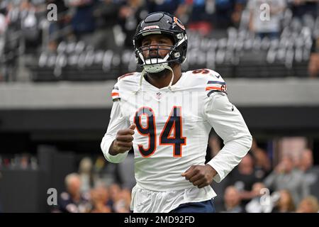 FILE - Chicago Bears linebacker Robert Quinn (94) reacts during