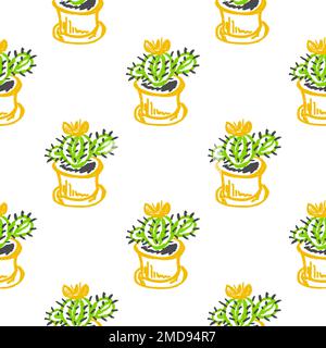 Cactus seamless pattern. Flowering cacti in pots. Children's drawings with wax crayons. Cute cactuses. Print Stock Vector
