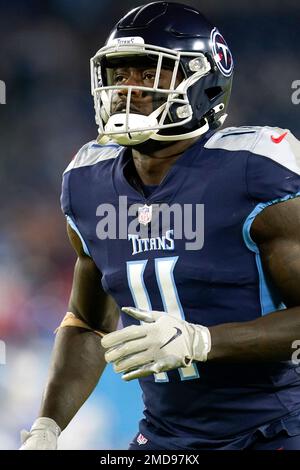 Los Angeles Rams cornerback Jalen Ramsey (5) intercepts a pass attended for  Tennessee Titans wide receiver A.J. Brown (11) during a NFL game, Sunday,  Nov. 7, 2021, in Inglewood, the Titans defeated